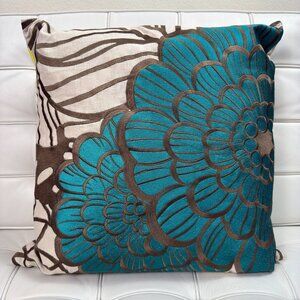 Trina Turk “Jungle Bloom” Embroidered Pillow 20"x20" – Blue & Brown Floral – NOS